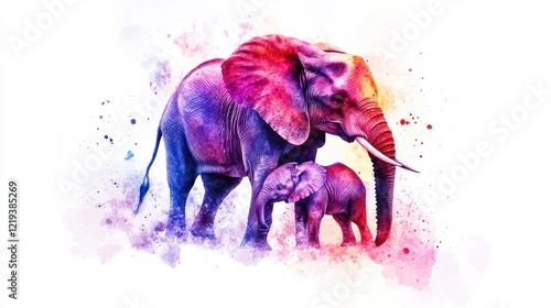 A mother elephant cuddling her baby in a sweet watercolor painting on a white background. photo