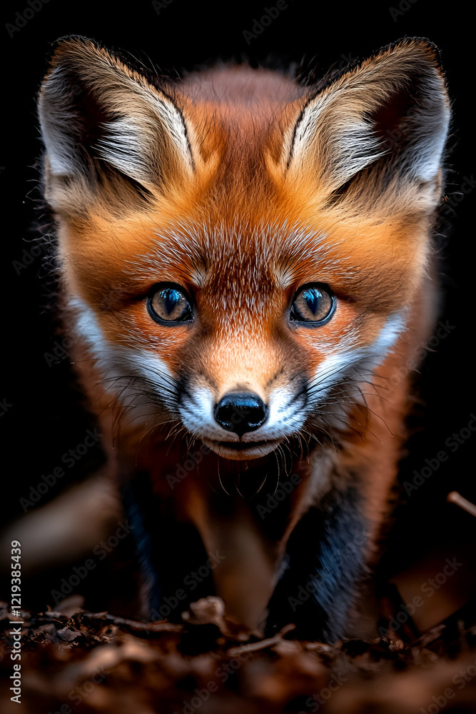 A close-up of a curious fox with striking orange fur and bright blue eyes, set against a dark background, showcasing its beautiful features. A close-up of a curious fox with striking orange fur and bright blue eyes, set against a dark background, showcasing its beautiful features.