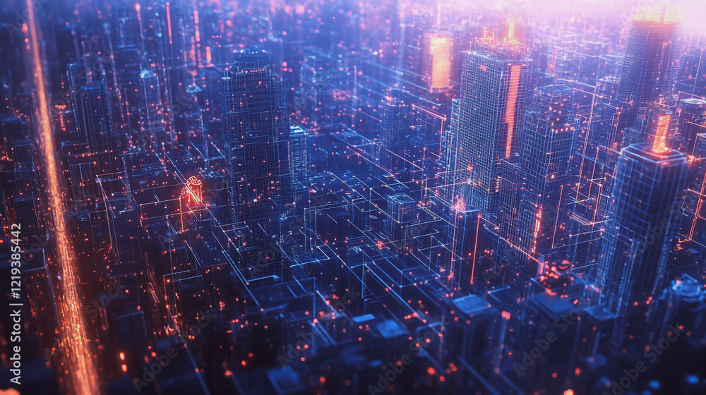 Smart digital Innovation city with connection network reciprocity over the twilight cityscape. of future smart wireless digital city and social media networking systems that connects people with city Smart digital Innovation city with connection network reciprocity over the twilight cityscape. of future smart wireless digital city and social media networking systems that connects people with city