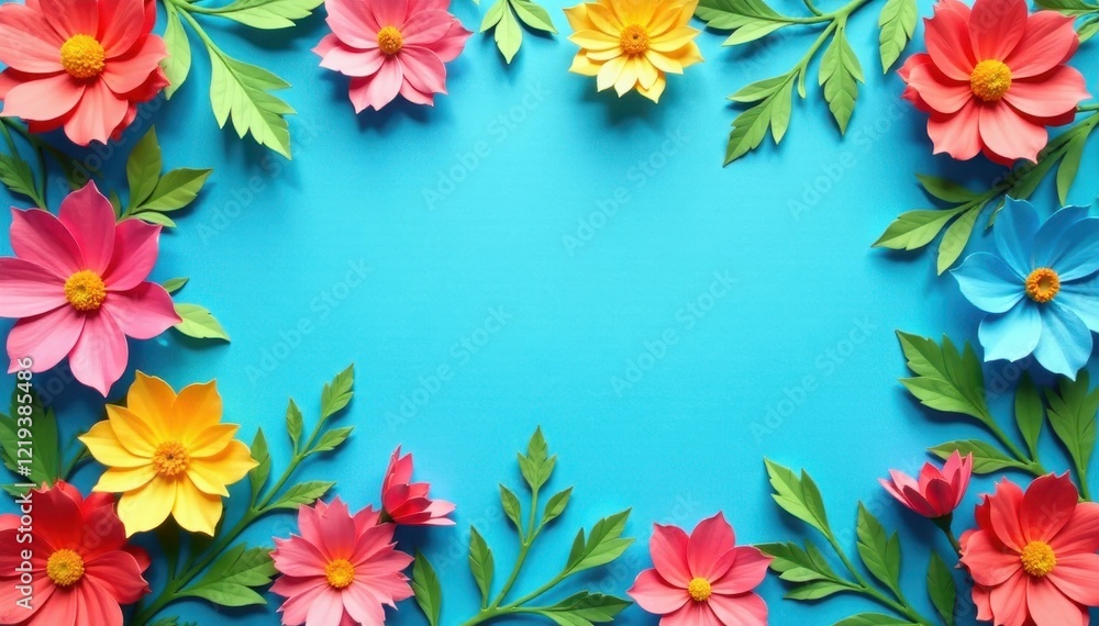 Obraz premium Colorful paper cutouts, floral arrangement, blue background, ample space, cutout, floral