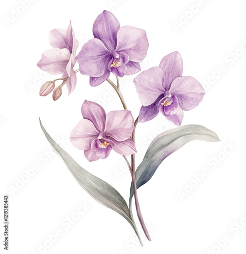 A watercolor illustration of purple orchid flowers isolated on transparent background
