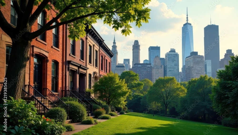 Fototapeta premium Brownstones and lush Gramercy Park, Midtown skyline backdrop , skyline, view