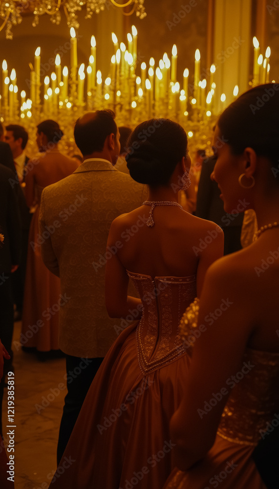 An opulent Rococo ballroom filled with elegantly dressed guests, embodying grandeur and timeless sophistication. An opulent Rococo ballroom filled with elegantly dressed guests, embodying grandeur and timeless sophistication.