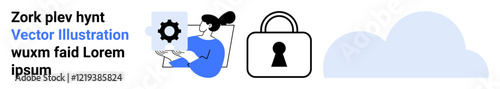 Businesswoman holding document with gear icon, security lock, and cloud symbol. Ideal for data protection, cybersecurity, cloud storage, technology innovation, digital transformation, business