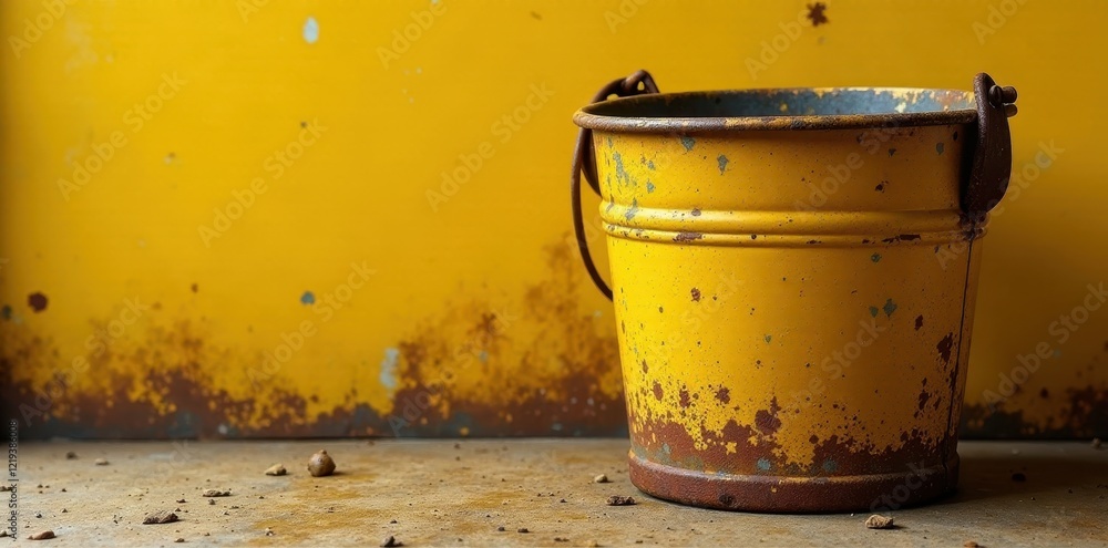 Fototapeta premium Old weathered yellow metal bucket, rusty details, rusty, metal