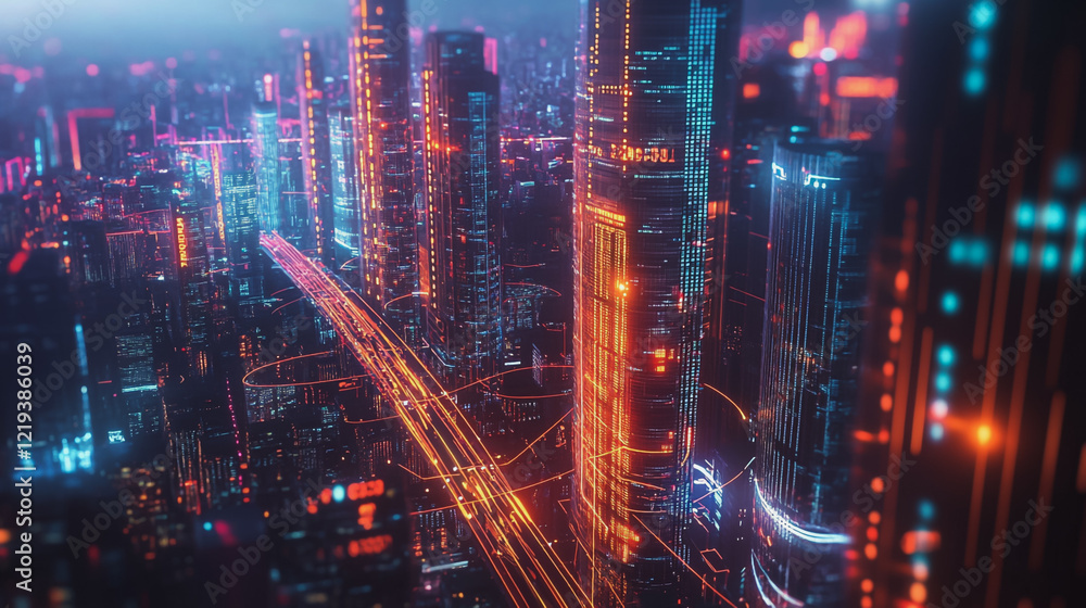 Smart digital Innovation city with connection network reciprocity over the twilight cityscape. of future smart wireless digital city and social media networking systems that connects people with city Smart digital Innovation city with connection network reciprocity over the twilight cityscape. of future smart wireless digital city and social media networking systems that connects people with city