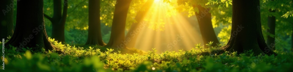 Fototapeta premium Golden sunlight filters through lush green leaves, creating enchanting forest scene, atmosphere, light