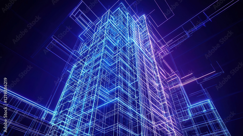 Holographic blueprint of a futuristic skyscraper, floating mid-air, glowing neon beams illuminating intricate architectural details Holographic blueprint of a futuristic skyscraper, floating mid-air, glowing neon beams illuminating intricate architectural details