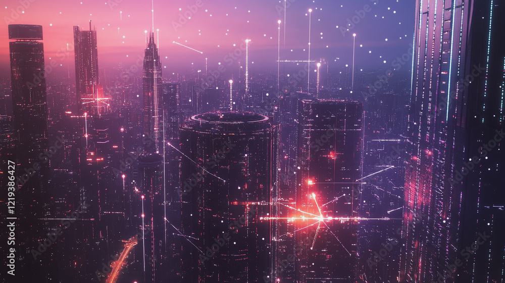 Obraz premium Smart digital Innovation city with connection network reciprocity over the twilight cityscape. of future smart wireless digital city and social media networking systems that connects people with city