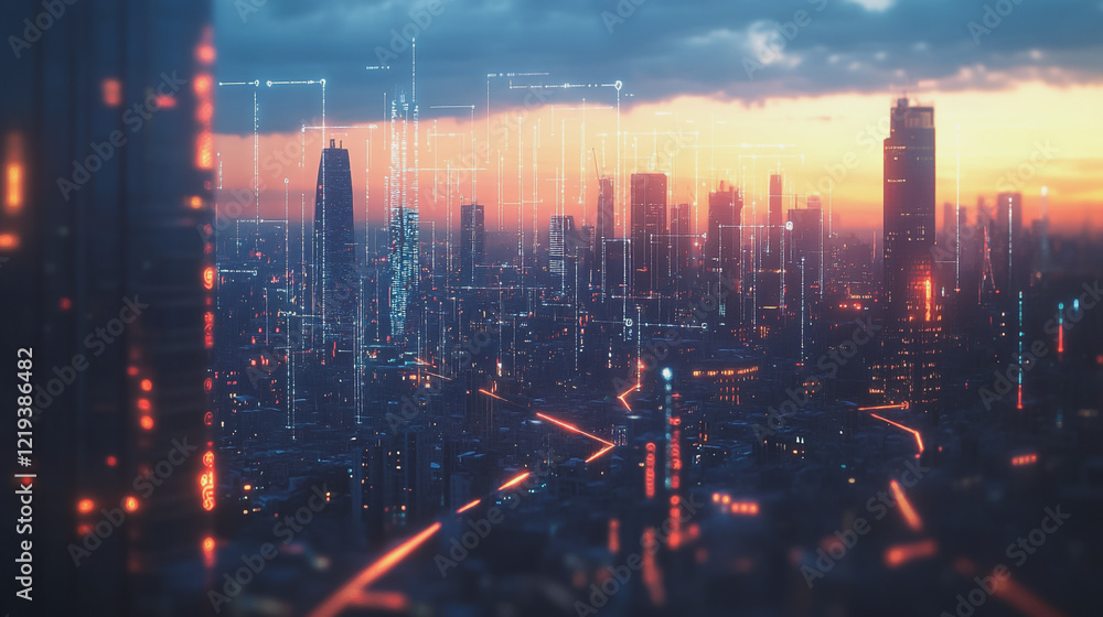 Fototapeta premium Smart digital Innovation city with connection network reciprocity over the twilight cityscape. of future smart wireless digital city and social media networking systems that connects people with city