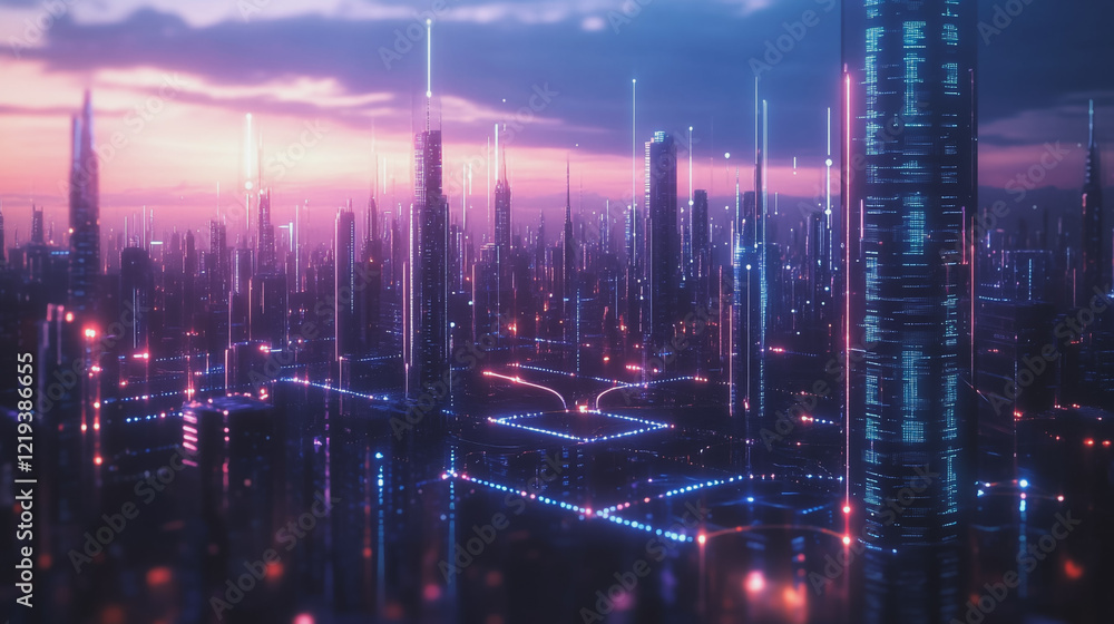 Fototapeta premium Smart digital Innovation city with connection network reciprocity over the twilight cityscape. of future smart wireless digital city and social media networking systems that connects people with city