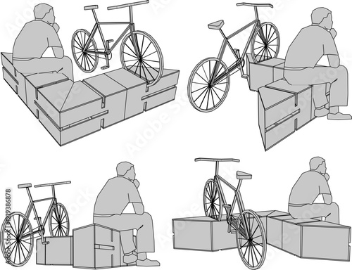 vector sketch of a unique wooden bicycle parking area for placement in the garden 