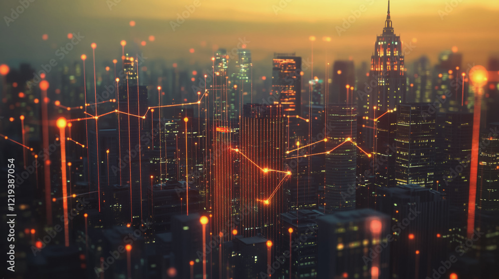 Fototapeta premium Smart digital Innovation city with connection network reciprocity over the twilight cityscape. of future smart wireless digital city and social media networking systems that connects people with city