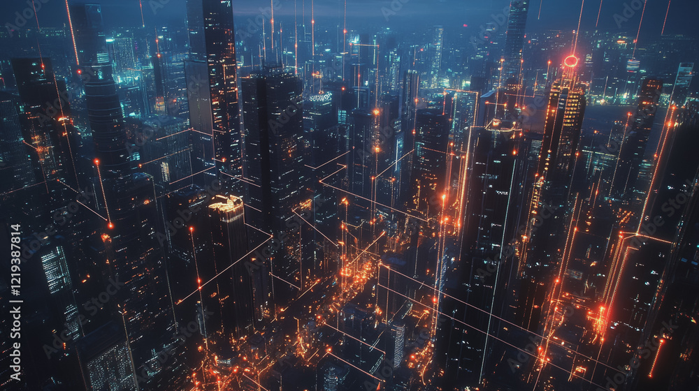 Obraz premium Smart digital Innovation city with connection network reciprocity over the twilight cityscape. of future smart wireless digital city and social media networking systems that connects people with city
