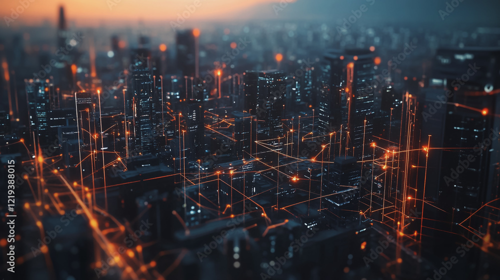Fototapeta premium Smart digital Innovation city with connection network reciprocity over the twilight cityscape. of future smart wireless digital city and social media networking systems that connects people with city