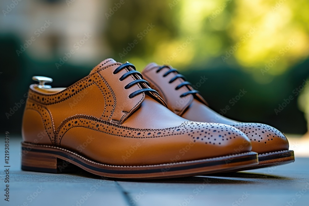 Naklejka premium A detailed view of a pair of brown shoes, perfect for highlighting footwear or accessories in editorial or commercial contexts