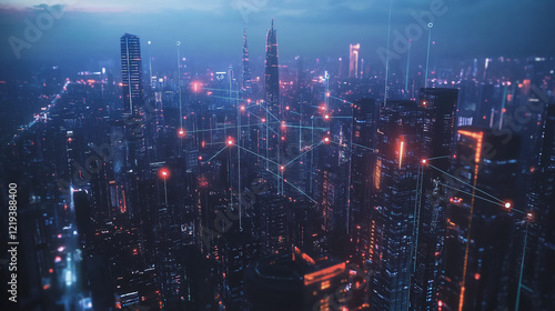 Wallpaper Mural Smart digital Innovation city with connection network reciprocity over the twilight cityscape. of future smart wireless digital city and social media networking systems that connects people with city Torontodigital.ca