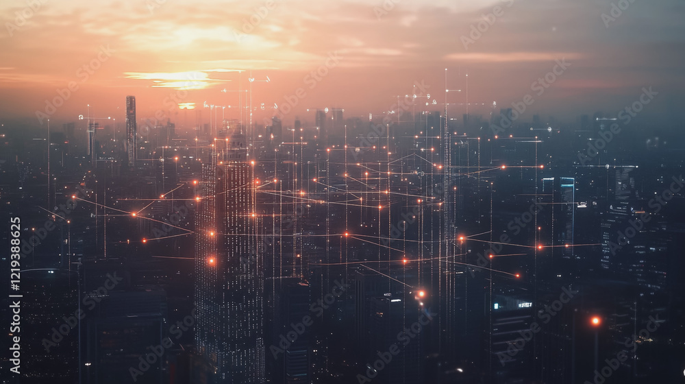 Fototapeta premium Smart digital Innovation city with connection network reciprocity over the twilight cityscape. of future smart wireless digital city and social media networking systems that connects people with city
