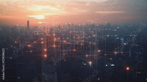 Wallpaper Mural Smart digital Innovation city with connection network reciprocity over the twilight cityscape. of future smart wireless digital city and social media networking systems that connects people with city Torontodigital.ca