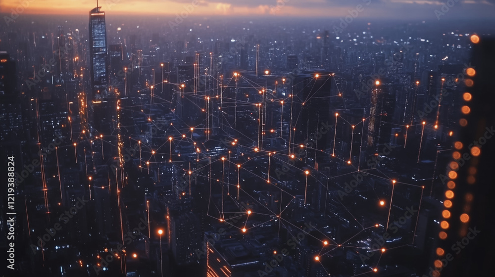 Fototapeta premium Smart digital Innovation city with connection network reciprocity over the twilight cityscape. of future smart wireless digital city and social media networking systems that connects people with city