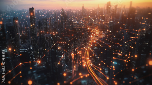 Wallpaper Mural Smart digital Innovation city with connection network reciprocity over the twilight cityscape. of future smart wireless digital city and social media networking systems that connects people with city Torontodigital.ca