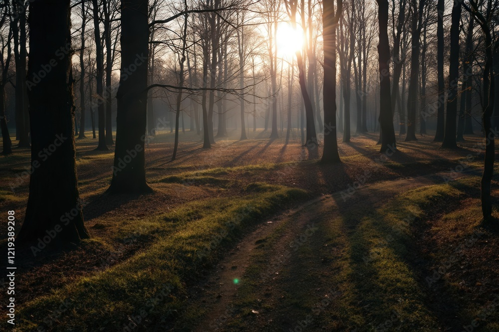 Naklejka premium Woodland with long shadows
