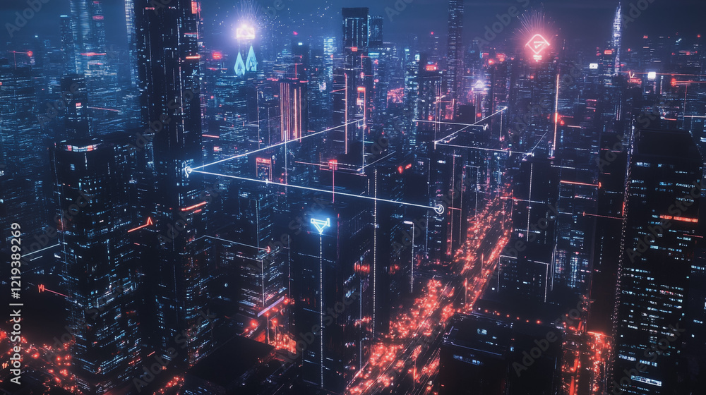 Obraz premium Smart digital Innovation city with connection network reciprocity over the twilight cityscape. of future smart wireless digital city and social media networking systems that connects people with city
