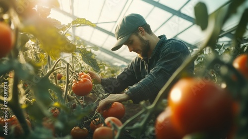 Agronomist harvesting red tomatoes in countryside greenhouse. Professional man farmer collecting fresh organic vegetables in farmland plantation. Ecological cultivation horticulture industry concept. photo