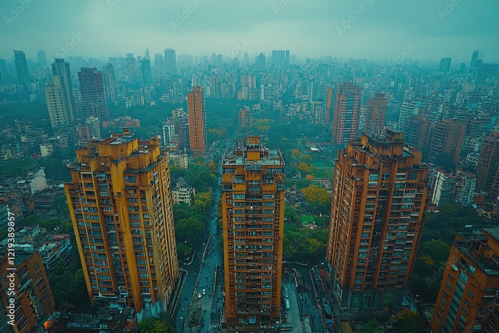 Fototapeta premium Panoramic view of cityscape from rooftop, ideal for urban planning or architecture projects