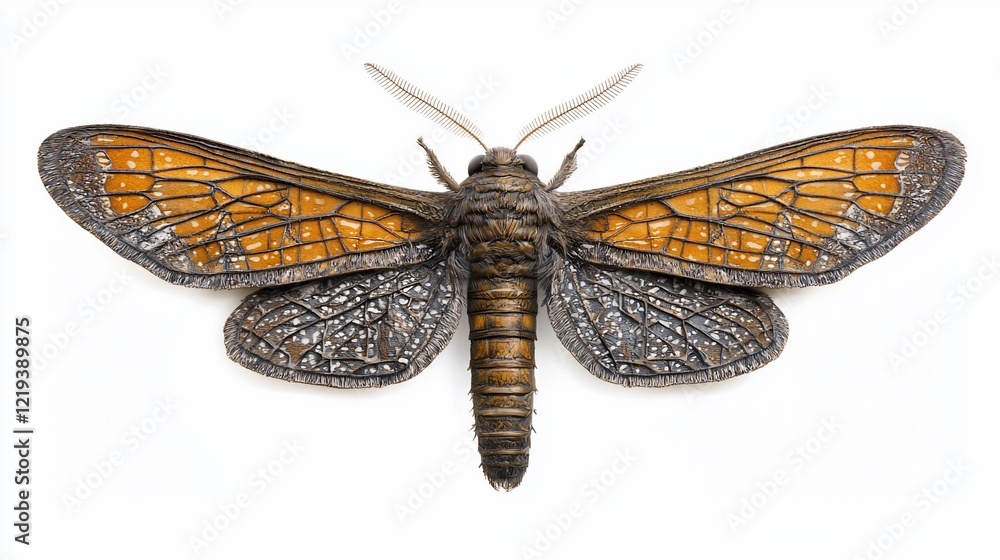 Obraz premium Detailed close-up of a moth with orange and gray wings, isolated on white background.