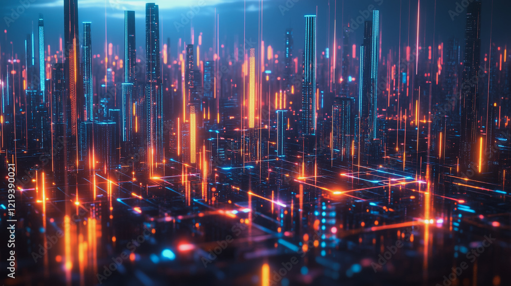 Smart digital Innovation city with connection network reciprocity over the twilight cityscape. of future smart wireless digital city and social media networking systems that connects people with city