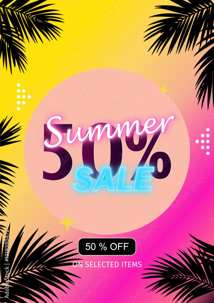 Naklejka premium Summer Sale. 50 % OFF. Poster. Sale Vector Illustration