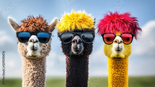 Fototapeta Naklejka Na Ścianę i Meble -  Trendige Alpakas mit Sonnenbrillen und farbigen Frisuren, Trendy alpacas with sunglasses and colorful hairstyles