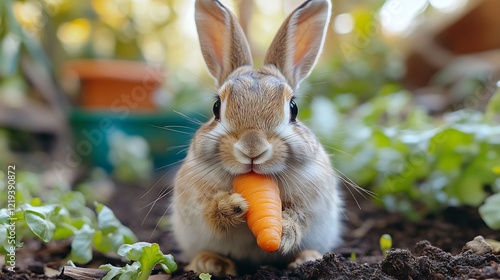 A rabbit nibbling on a carrot in a backyard garden during spring
