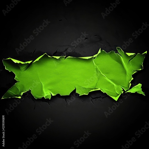 Torn dark background with bright green paper insert.