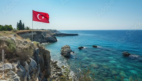 Fototapeta Naklejka Na Ścianę i Meble -  Turkish flag on the background of the sea and blue sky with clouds