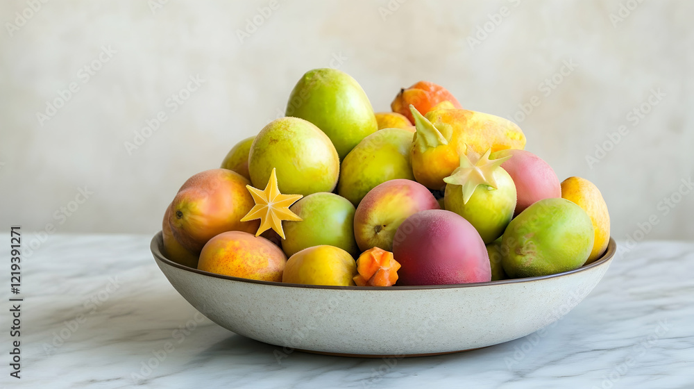 A bowl of mixed exotic fruits including guavas and starfruit, placed on a marble countertop with a neutral backdrop A bowl of mixed exotic fruits including guavas and starfruit, placed on a marble countertop with a neutral backdrop
