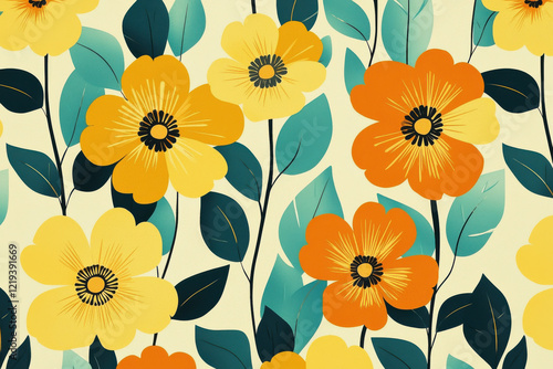 Wallpaper Mural Retro floral pattern features bold yellow, teal, and rust orange flowers with graphic lines for a playful nostalgic feel Torontodigital.ca