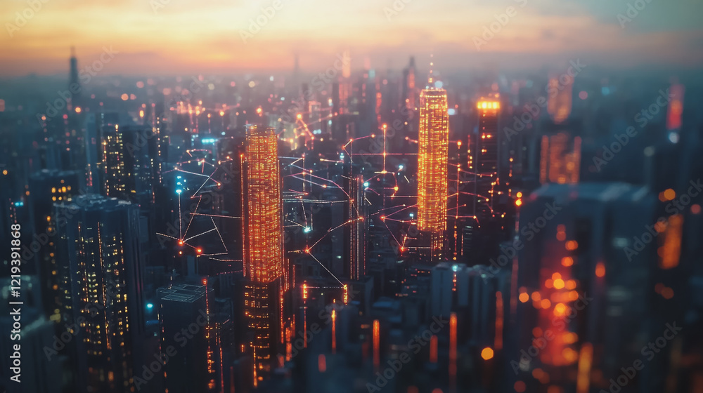 Fototapeta premium Smart digital Innovation city with connection network reciprocity over the twilight cityscape. of future smart wireless digital city and social media networking systems that connects people with city