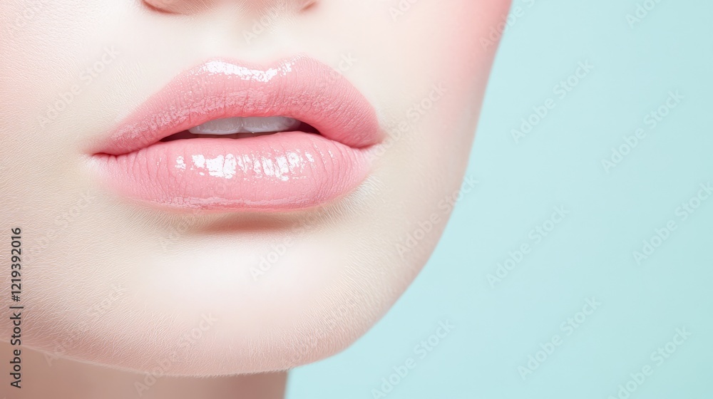 Obraz premium Glossy female lips smiling, showcasing perfect white teeth and potential lip augmentation, set against a light blue backdrop, highlighting beauty and cosmetology