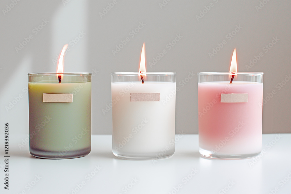 Fragrant soy candle green, white, pink, on a white background. Fragrant soy candle green, white, pink, on a white background.