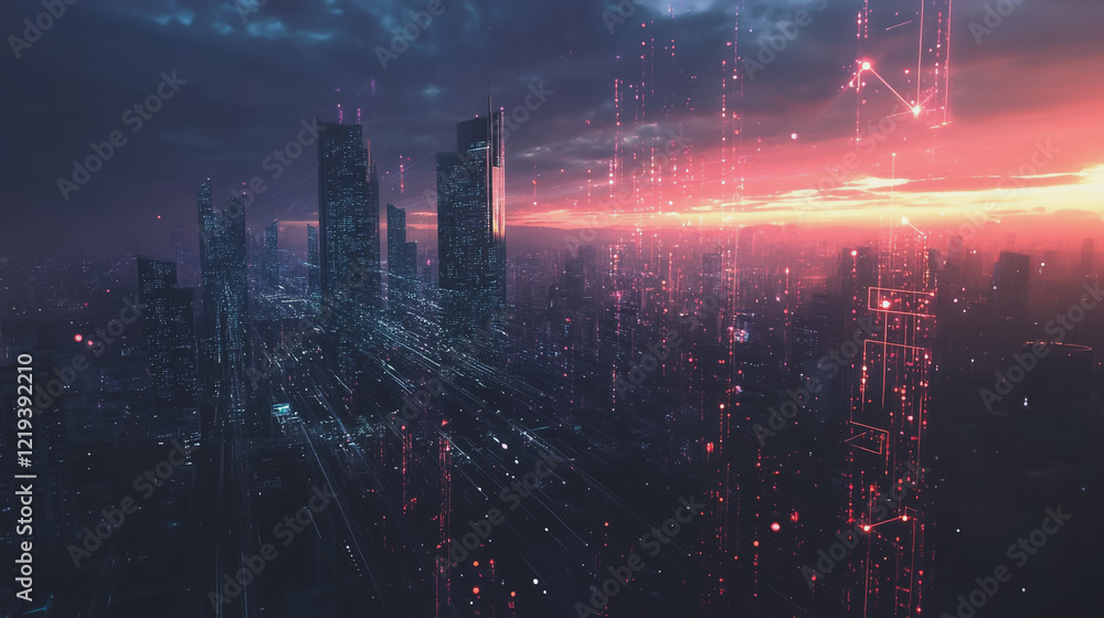 Obraz premium Smart digital Innovation city with connection network reciprocity over the twilight cityscape. of future smart wireless digital city and social media networking systems that connects people with city