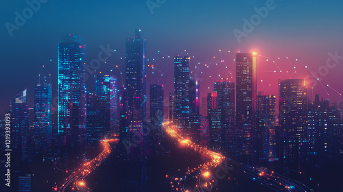 Wallpaper Mural Smart digital Innovation city with connection network reciprocity over the twilight cityscape. of future smart wireless digital city and social media networking systems that connects people with city Torontodigital.ca
