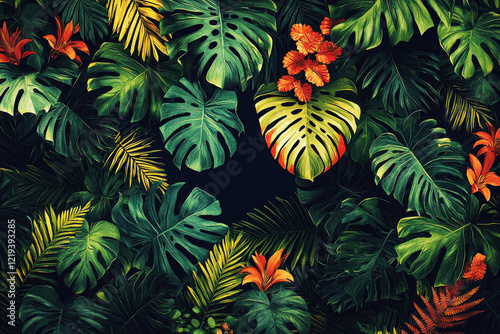 Rich tropical pattern showcasing jungle foliage with layered monstera leaves, ferns, and heliconia flowers on a dark background