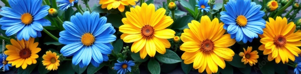 Fototapeta premium Blue and yellow flower arrangement with mixed colors, blooms, colors, mix