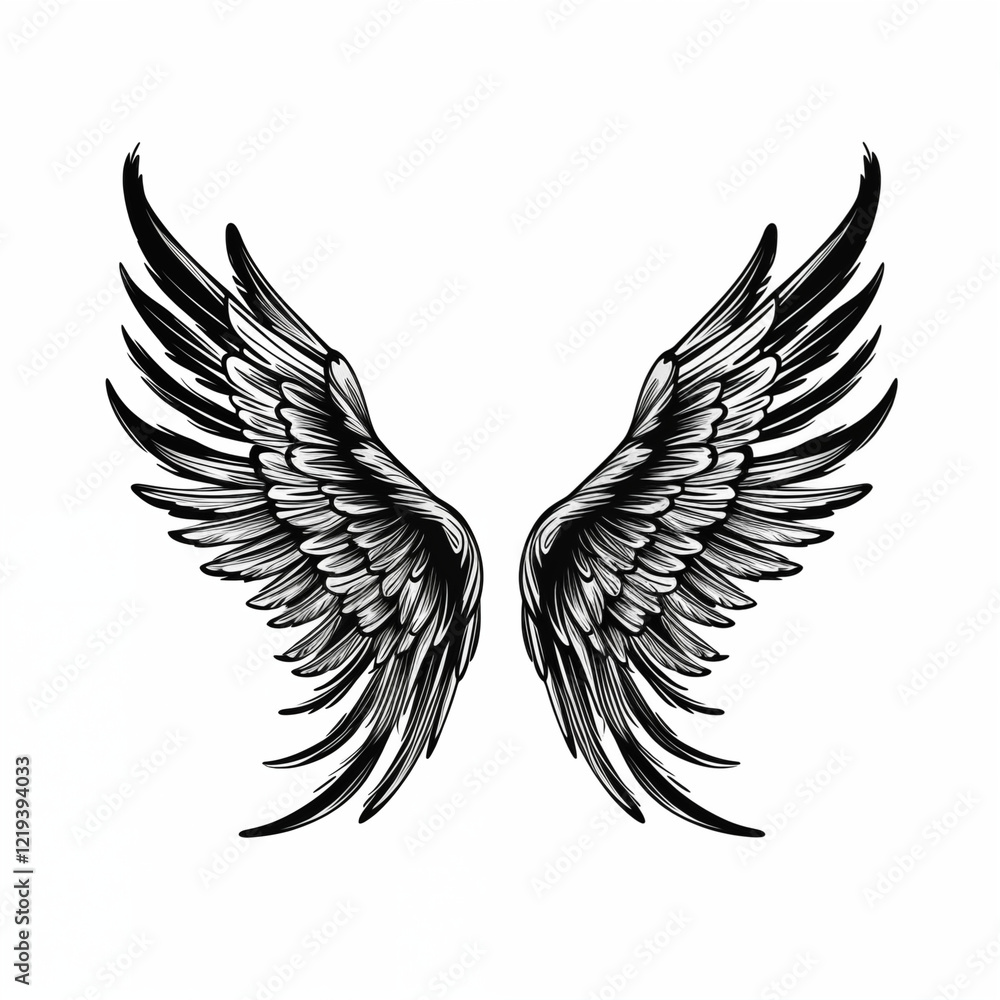 Obraz premium Wings, dark, a pair of wings, a badge, a simple black and white sketch isolated on a white background, without people, a picture, an image for printing on a T-shirt