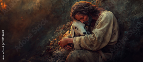 jesus hugging the lost lamb out of the mud, background blurred black roaring wolf