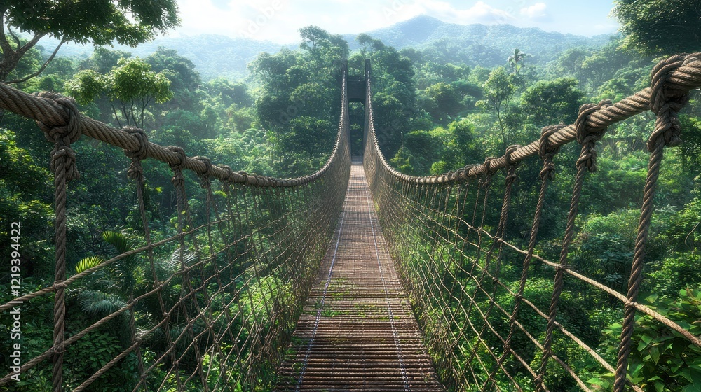 Fototapeta premium A wooden plank bridge hangs over a deep jungle ravine, supported by thick ropes and cables.