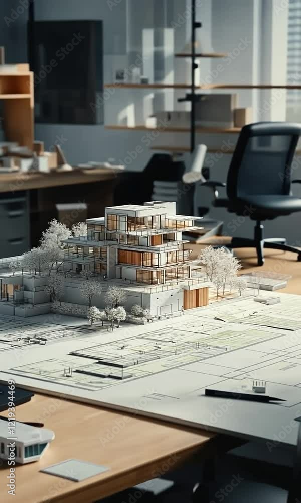 Architectural model on desk showcasing modern building design Architectural model on desk showcasing modern building design