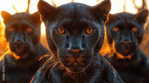 A group of black leopards pose together, showcasing their sleek coats and powerful physiques photo